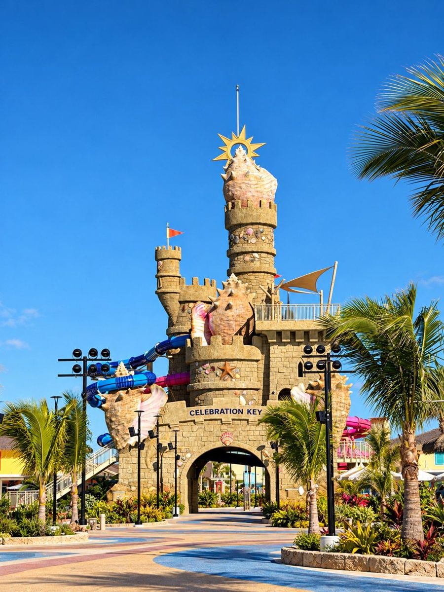 The Suncastle at Paradise Plaza, with waterslides wrapping the tower and a wide, smooth paved walkway leading through its archway
