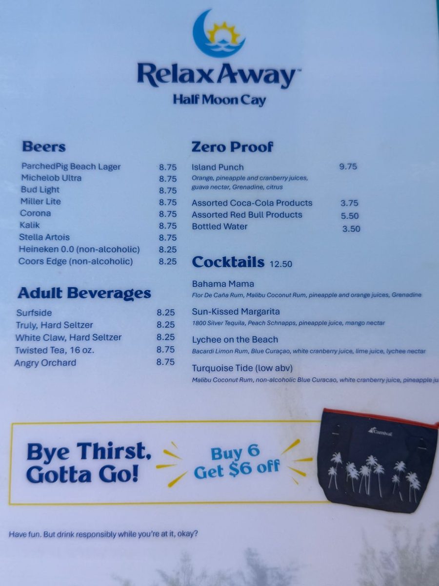 The island drink menu: beers run $8.75 and cocktails $12.50, none covered by CHEERS!