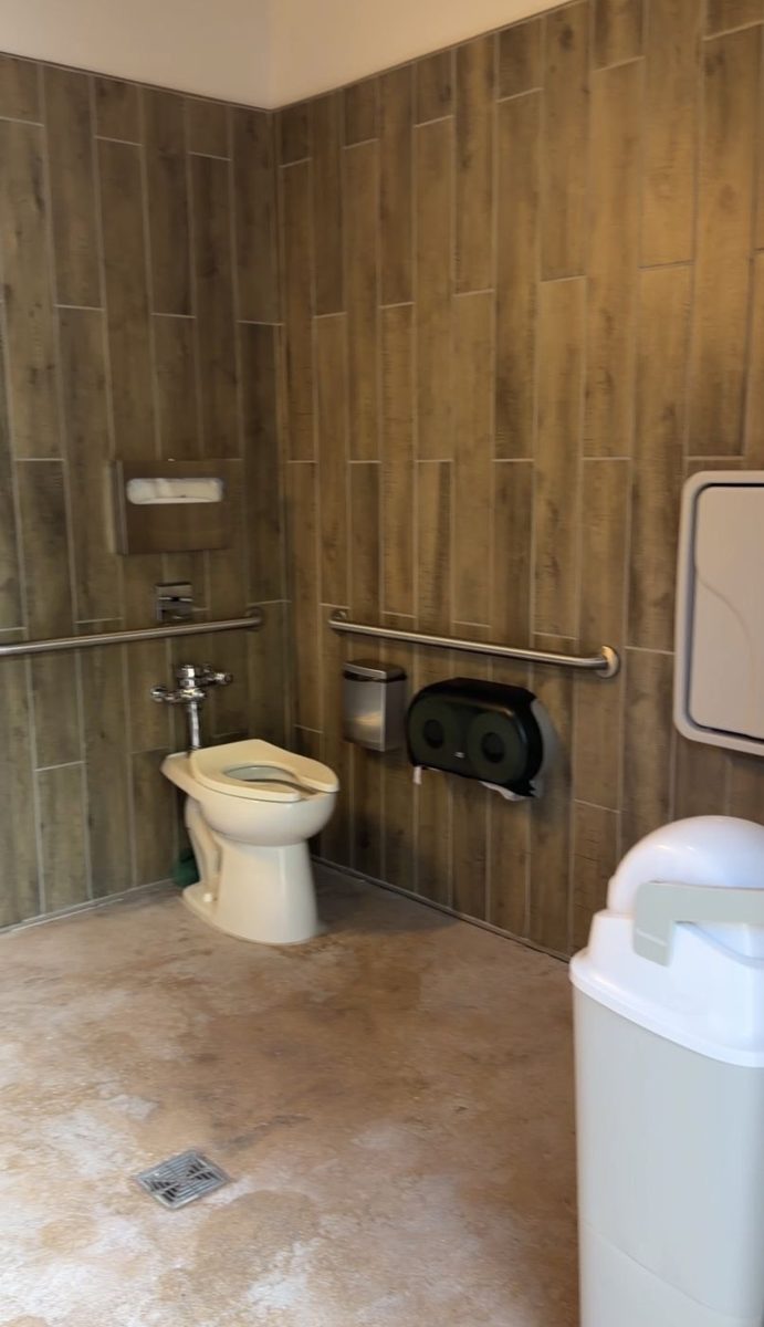 An accessible family restroom at the Guava stop, with grab bars beside the toilet and plenty of floor space